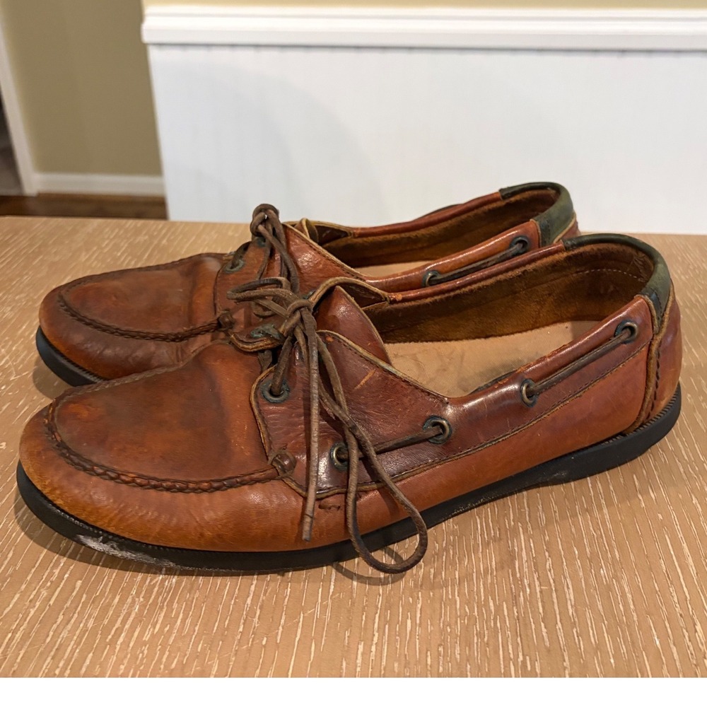 L.L.Bean Men's 11W Brown Leather Boat Shoes Lace Up Moc Toe Deck Shoes